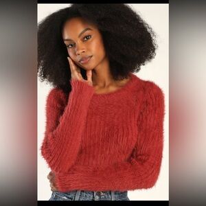 LULUs Your Sweetest Dream Rust Red Eyelash Knit Cropped Sweater NWT